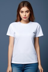 Wall Mural - Stylish young woman with brown hair wearing white blank t-shirt for design mockup on blue background