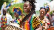 Smiling woman playing a djembe at a multicultural festival. Celebration of African heritage concept. Design for community events, music and arts festivals