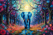 A colorful elephant is standing in a forest.