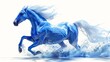  A blue steed gallops through water with long mane, against a white backdrop