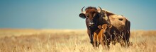 Buffalo With Calf In Savanna. African Savannah And Wildlife Concept. National Reserve, Kenya. Ecosystem Conservation. Design For Banner, Poster With Copy Space