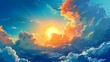Blue sky clouds background, Beautiful landscape with clouds and orange sun on sky
