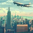 Illustration of A vibrant depiction of a plane flying over the iconic New York City skyline, with the Empire State Building prominent against a backdrop of serene skies and bustling city life.