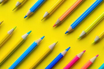 Wall Mural - Vibrant assortment of colorful pencils arranged on a bright yellow background for creative concept design