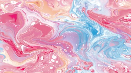 Poster -  A pink, blue, and yellow fluid painting with white and pink swirls on the bottom of the canvas