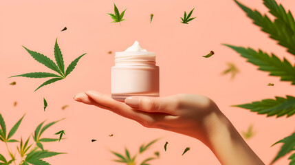 Hand presenting cosmetic cream pot with cannabis leaves falling around, pink background. CBD cream jar in female hand with hemp leaves flying, coral backdrop. Skin care product with marijuana concept