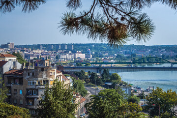 Canvas Print - View from Kalemegdan Park in Belgrade with Sava river bank and Old Sava Bridge, Serbia