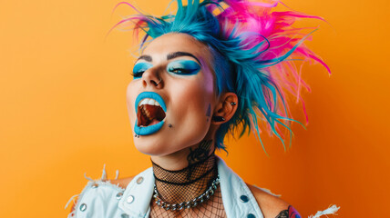 Edgy punk rock aesthetic, vibrant blue and pink mohawk, dynamic pose, bold orange background. Rebellious spirit, alternative fashion statement.