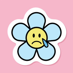 Wall Mural - crying daisy flower emoji sticker, cartoon flower with tears, black outline, sad chamomile character on pink background, groovy aesthetic, vector design element