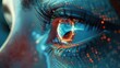 Eye looks to the future business. Woman's eye in the double exposure of a modern city and technology. AI generated illustration
