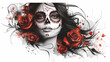 dia de los muertos girl fad with roses. Tattoo style artwork white background,generative ai