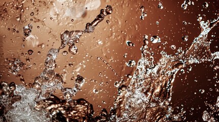 Wall Mural -  A photo of water droplets splattering on a chocolate-colored surface, set against a monochrome backdrop