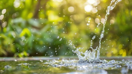 Wall Mural -  Close-up image of a water fountain spraying, surrounded by trees