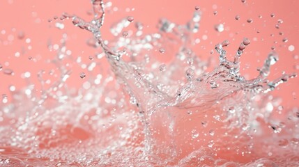 Wall Mural -  A close-up photo captures water droplets splashing onto a pink surface against a light pink background