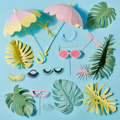 Wall Mural - summer beach background with palm leaf,  monstera leaf,sunglasses, Eyelashes and umbrellas. Creative summer concept.