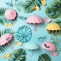 Wall Mural - summer beach background with palm leaf,  monstera leaf,sunglasses, Eyelashes and umbrellas. Creative summer concept.