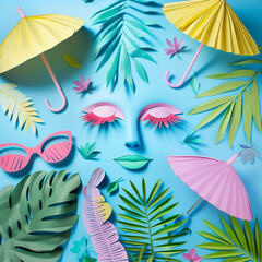 Wall Mural - summer beach background with palm leaf,  monstera leaf,sunglasses, Eyelashes and umbrellas. Creative summer concept.