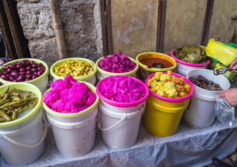 Sticker - Pickled vegetables on Arab Souk Couk - Arabic bazaar in Old City of Jerusalem, Israel