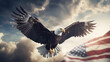 Bald eagle taking flight in front of an American flag clouds sky. Banner wide format.