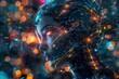 The future unfolds: A ghostly AI rendered in a holographic form materializes amidst a labyrinth of abstract hi-tech patterns, bathed in the neon glow of cyberpunk