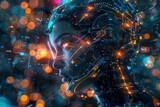 Fototapeta Tęcza - The future unfolds: A ghostly AI rendered in a holographic form materializes amidst a labyrinth of abstract hi-tech patterns, bathed in the neon glow of cyberpunk