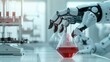 A robotic arm handles a flask with red liquid in a laboratory setting