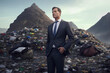 a serious business man in a suit against the background of a landfill