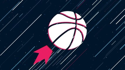 Poster - Basketball symbol flies through the universe on a jet propulsion. The symbol in the center is shaking due to high speed. Seamless looped 4k animation on dark blue background with stars