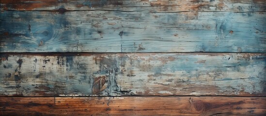 Poster - Close up of a wooden table showcasing a beautiful blue and brown wood grain pattern. The hardwood table is made of composite material and has a rectangular shape