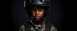 Afro kid wearing military uniform with camouflage fatigues, helmet, banner. Generative Ai,