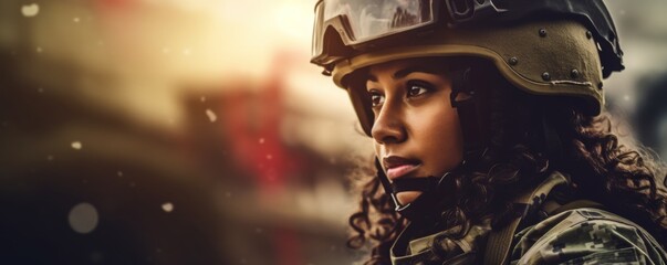 Wall Mural - Afro woman wearing military uniform with camouflage fatigues, banner sunset. Generative Ai,