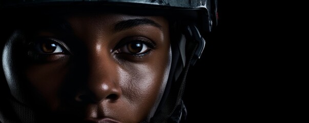 Wall Mural - Afro woman wearing military uniform with camouflage fatigues, helmet, banner. Generative Ai,