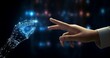 The human hand and robot finger touch a digital hologram of an artificial intelligence concept in the style of artificial intelligence technology for future business work on a dark blue background