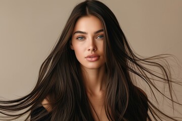 Sticker - Beautiful young Caucasian woman with gorgeous long straight brunette hair looking into the camera