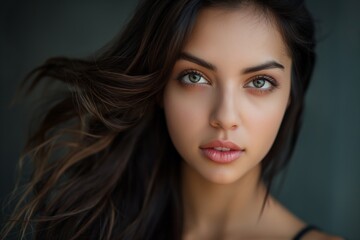 Canvas Print - Beautiful young Caucasian woman with gorgeous long wavy brunette hair looking into the camera