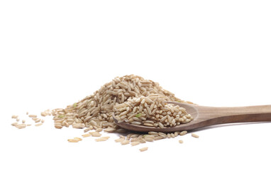 Wall Mural - Long brown rice in wooden spoon, uncooked and hulled, isolated on white, side view