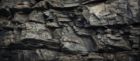 Sticker - A close up of a bedrock outcrop showing a grey natural landscape formation with various rocks. The monochrome photography highlights the textures of the soil and rock fault lines