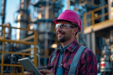 Poster - Portrait of smiling male refinery technician in uniform, safety hard hat and protective goggles. Mature Caucasian man uses a digital tablet to control settings of technological equipment.