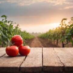 Fresh tomatoes on table, field in background. Harvesting vegetables