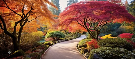 Canvas Print - A natural landscape with a winding path through a park filled with terrestrial plants and trees adorned with red leaves, surrounded by green grass and soil