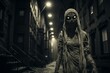 Shadowy Mummy night street portrait. Scary monster undead with creepy eyes. Generate Ai