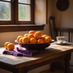 Wall Mural - Cozy rustic kitchen interior with warm lighting, old wooden table and fresh farming produce on counter. Orange fruits on desk. Generative AI