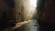 A low-angle shot of an empty street in Jerusalem in the early morning. Sunlight eluminates the street and lights up the cobblestones.