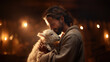 Jesus the shepherd and a little lamb late at night. Parable of the lost family member. Real photo