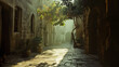 A back alley in an ancient city like Bethlehem, Jerusalem or Rome with a small tree giving shade and pleasant flavor of green. Empty scene. 
