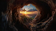 The cross at Calvary is seen through the opening of the cave entrance. The empty Tomb of Jesus. He is risen.