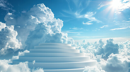 Wall Mural - Empty white podium on sunny blue sky background with fluffy clouds for product display presentation, stairway to heaven