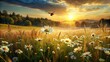 © mamo studios - A lot of chamomile in summer meadow in nature in sunshine at sunset and a flying bumblebee. Beautiful summer landscape with field of daisies in golden colors of sunset. Summer wallpapers.
