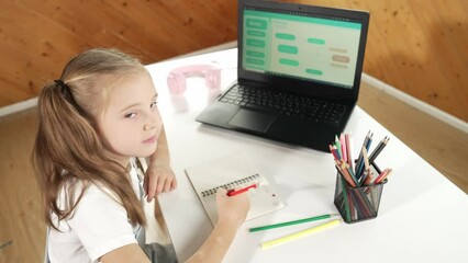 Top view of happy student thinking doing homework by using laptop screen display engineering coding program or programing system. Girl planing for web development and writing feedback. Erudition.