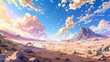 Anime-style desert landscape with majestic mountains in the distance. Time synthesis and webtoon aesthetic